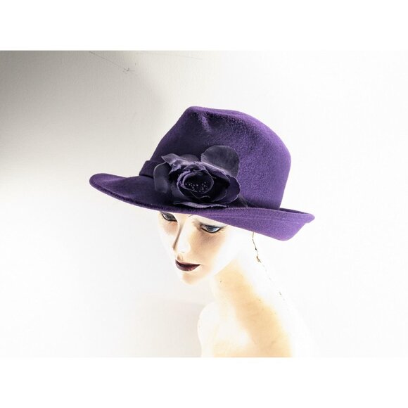 Deep Purple Wool fedora, TEMPTATION Italy purple wool fedora with flower made in - Picture 2 of 10